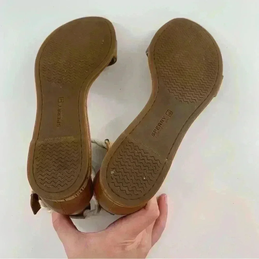 Sperry womens sandals size 5.5 brown leather nautical ankle strap cork wedges